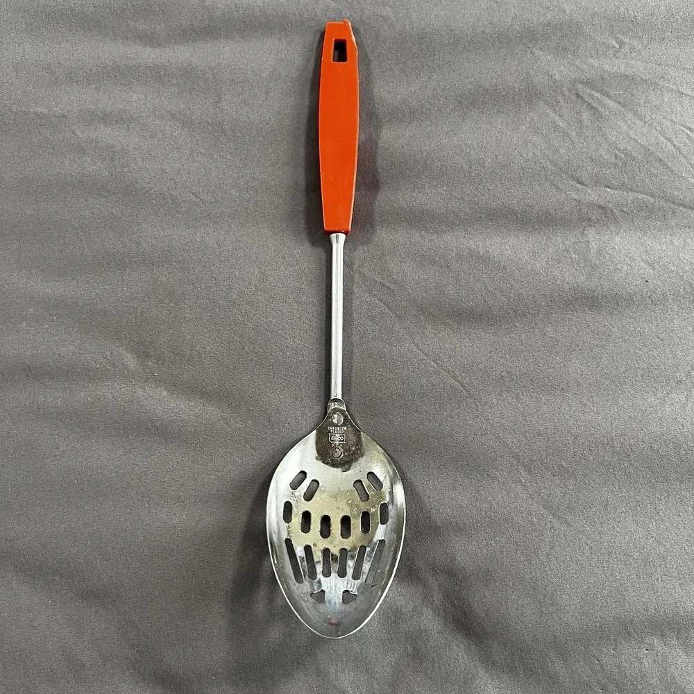 Vintage Ekco‎ USA Slotted Stainless Serving Spoon Orange Handle 12